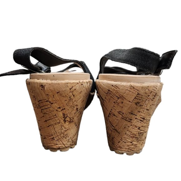 Crocs A-Leigh Black Leather Slingback Strap Wedge Cork Heels Casual Sandals 9W - Picture 4 of 9
